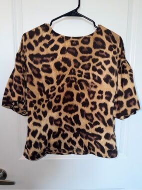 Leopard Print Puff Sleeve Women's Top - Brown